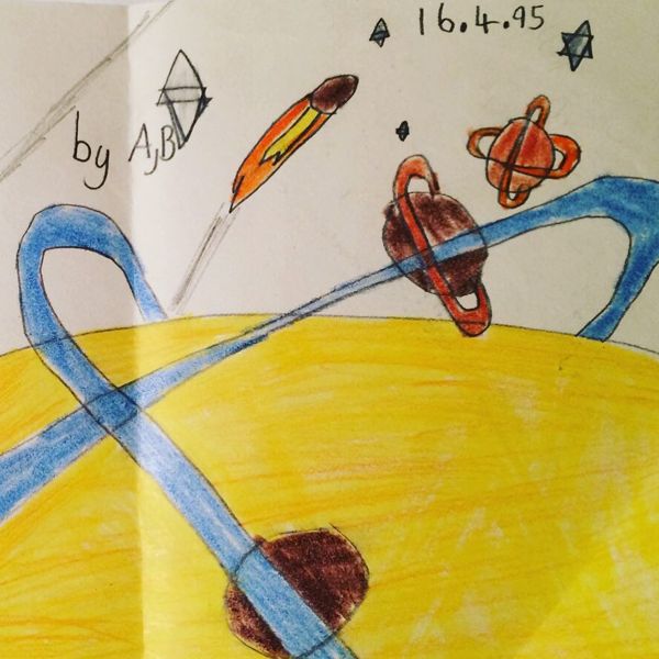 Space drawing by Adrian dated 16.4.95, with planets, rockets, and pencils in coloured pencil