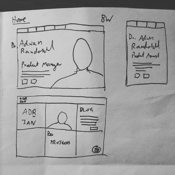 Hand-drawn wireframe sketches for adrianraudaschl.com, January 2016