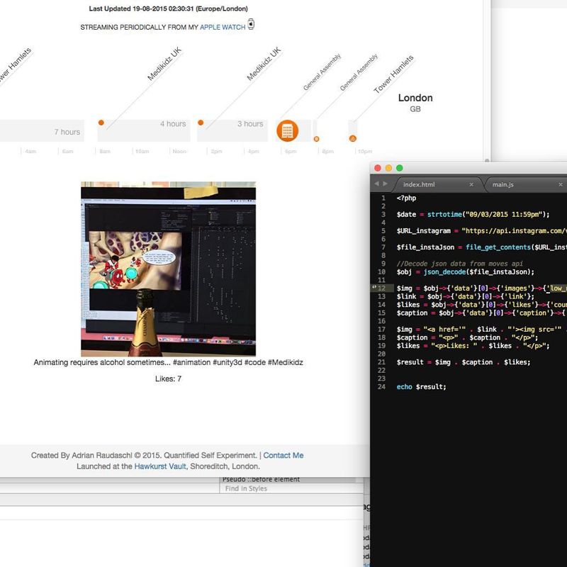 IAM46 dashboard showing Apple Watch heart rate streaming, location tracking, and PHP code for Instagram API integration