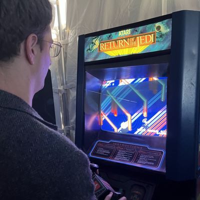 Adrian playing Return of the Jedi arcade game