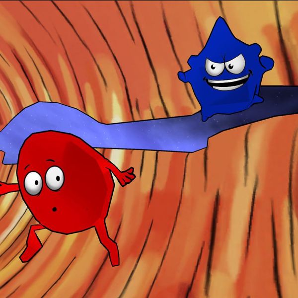 Medikidz Explore game - red blood cell and platelet characters in action