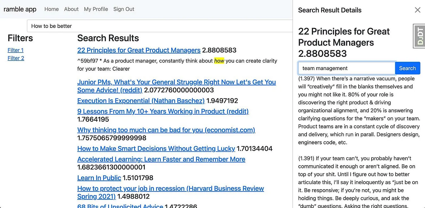 My personal search system (Project Ramble), where I hooked up my Obsidian notes to a vector search combined with GPT-3 in 2022. Image by author.