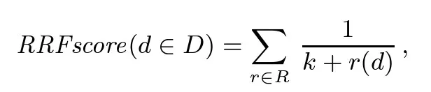 RRF algorithm where k=60. Image from Reciprocal Rank Fusion outperforms Condorcet and individual Rank Learning Methods.