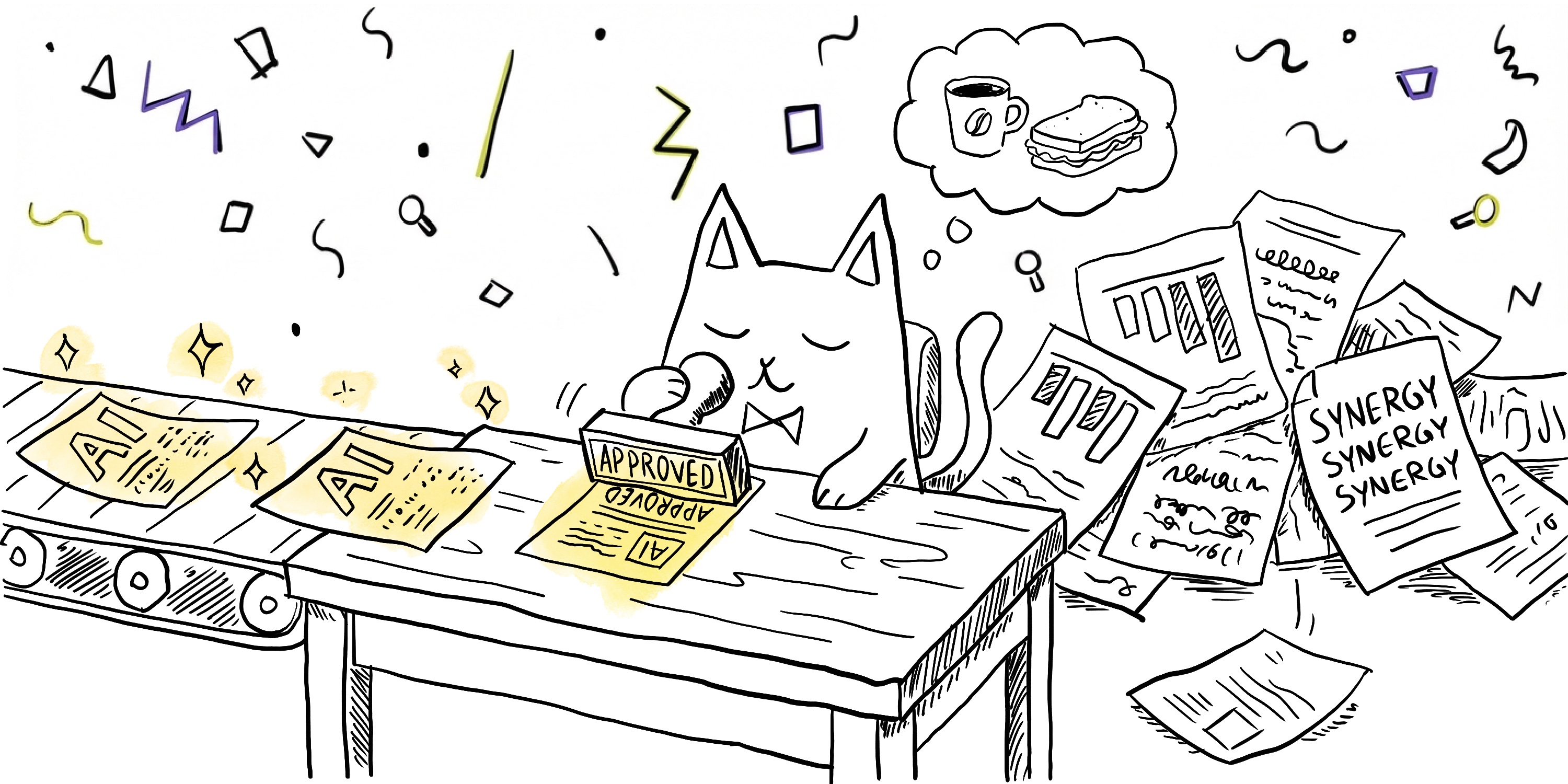 Professor Cat rubber-stamping AI-approved documents on a conveyor belt, whilst ignoring a pile of "SYNERGY" papers and dreaming about coffee and sandwiches
