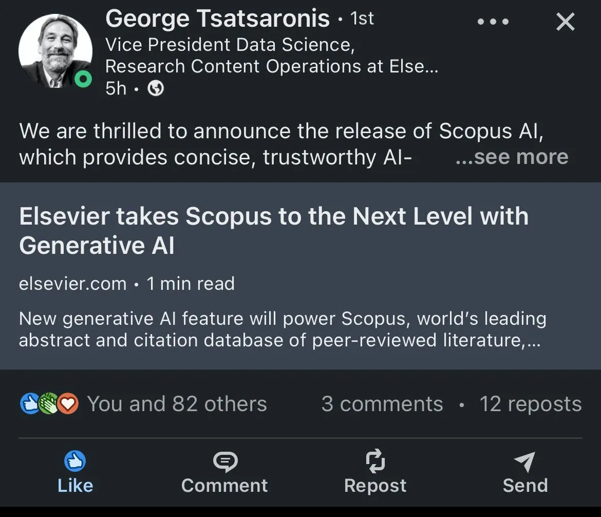 LinkedIn post from George Tsatsaronis, VP Data Science at Elsevier, announcing the release of Scopus AI