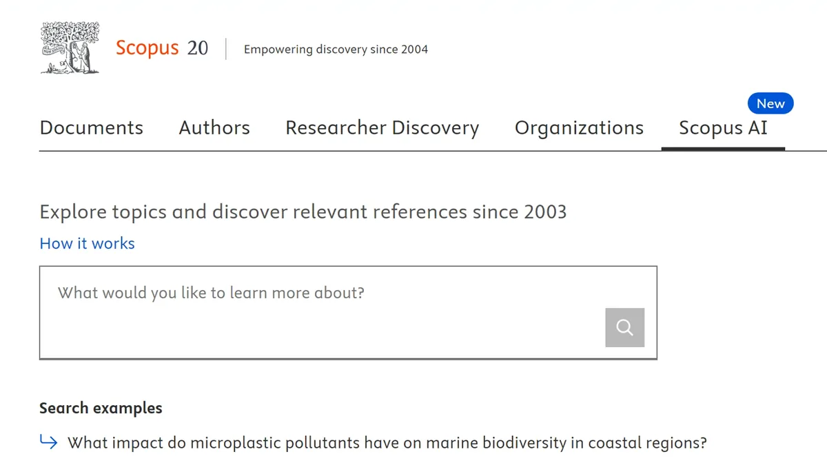 Scopus AI production interface showing the search prompt, example queries, and the new Scopus AI tab in the Scopus navigation