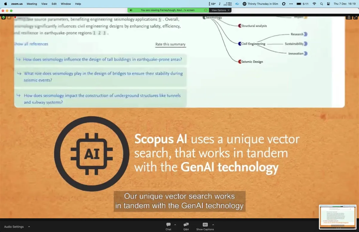 Scopus AI demo showing vector search with knowledge graph and the slide: Scopus AI uses a unique vector search that works in tandem with GenAI technology