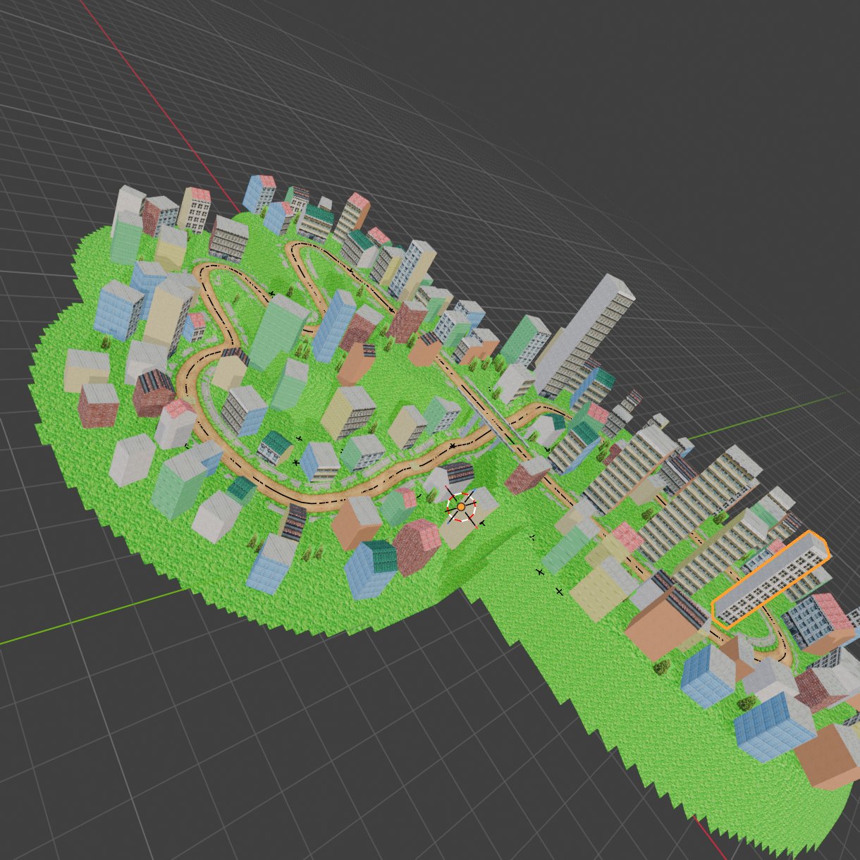 The City Escape remix in Blender: a hilly island of textured buildings with the road winding through