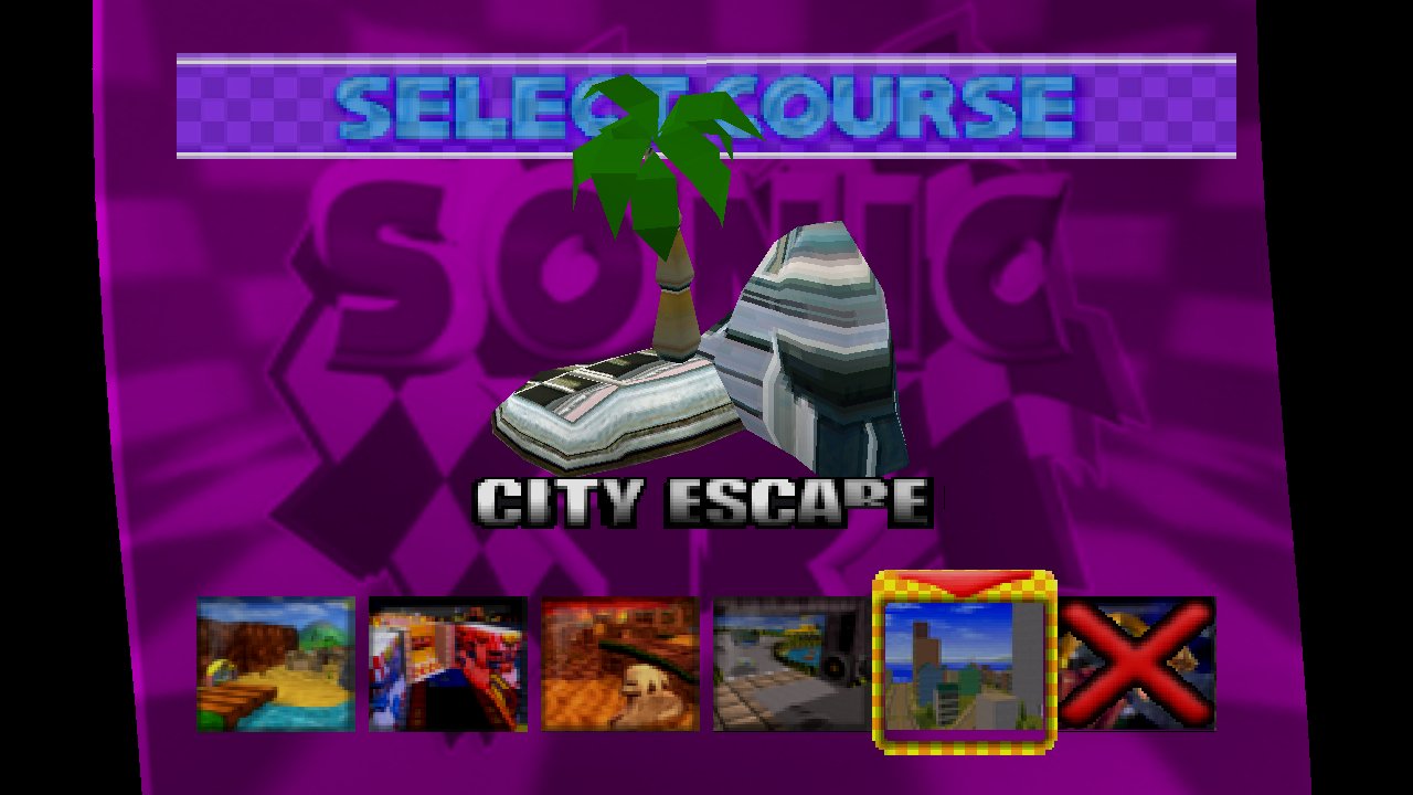 The Sonic R course select screen with a sixth course, City Escape, selected