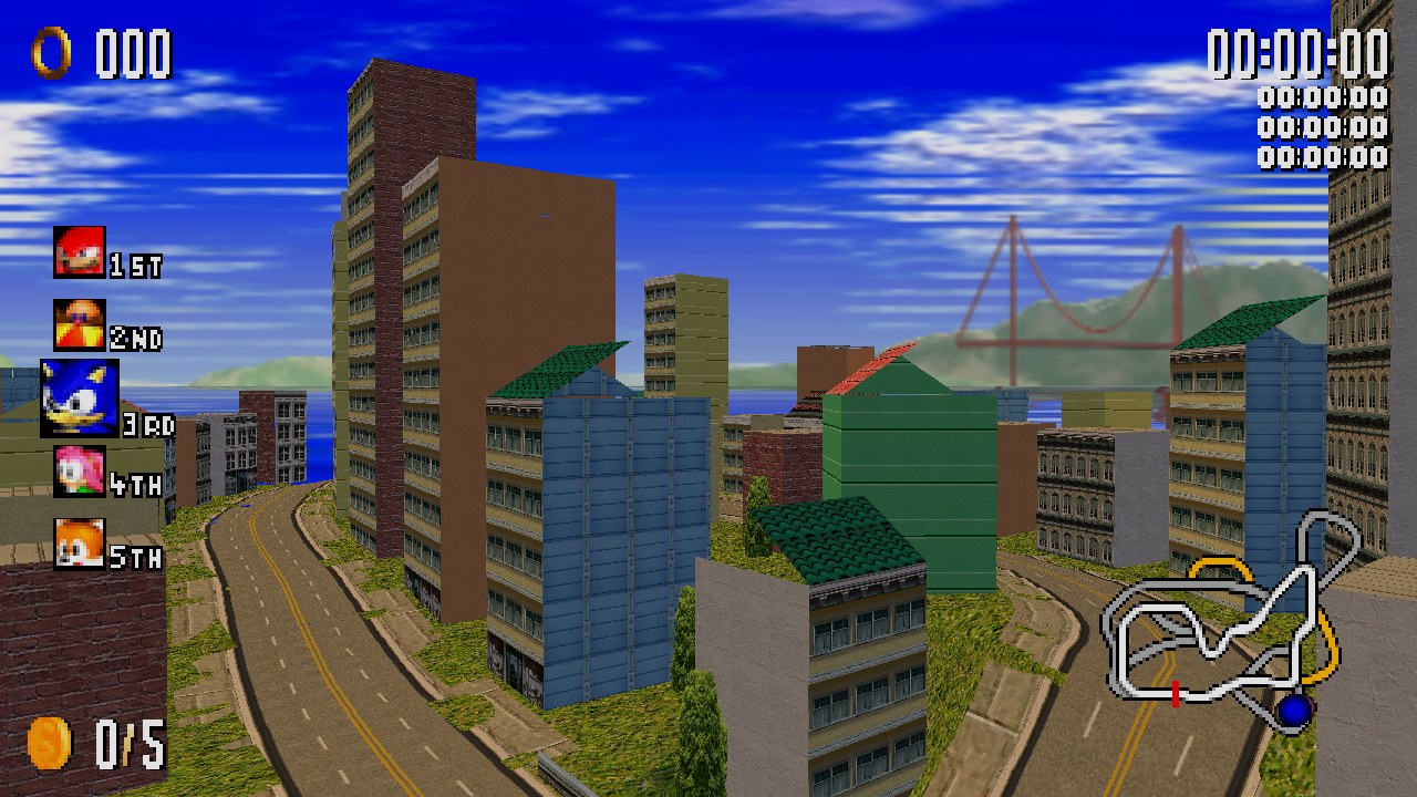 City Escape in Sonic R: the road winding down between city blocks, with the bay and the Golden Gate behind