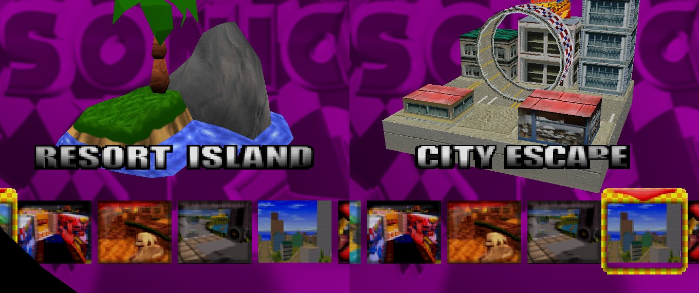 Course select showing Resort Island's spinning island model next to City Escape's new city block model