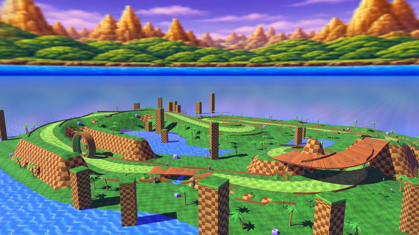 Aerial render of the whole Green Hill island: checker cliffs, a loop, lakes, a spiral crossover bridge and checker pillars standing in the sea
