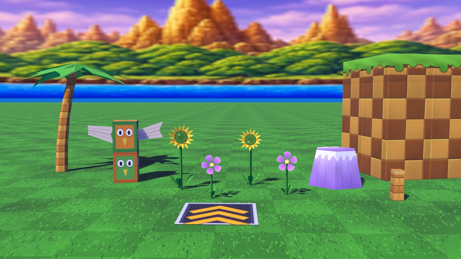 Green Hill's props lined up on a lawn: a palm, a winged totem, sunflowers, purple flowers, a lilac crystal rock, a checker pillar, a post and a dash panel