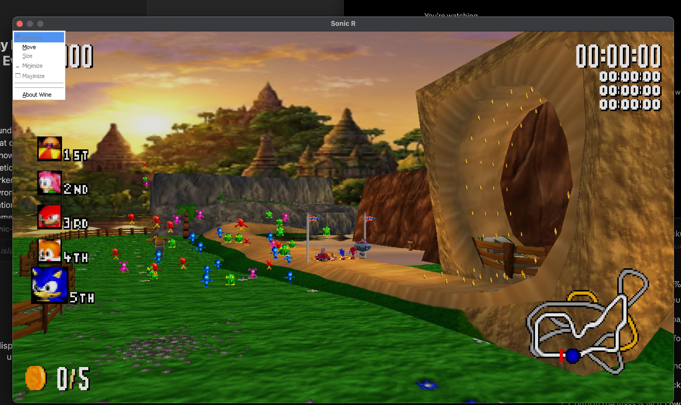 Sonic R running natively in a Wine window on Apple Silicon